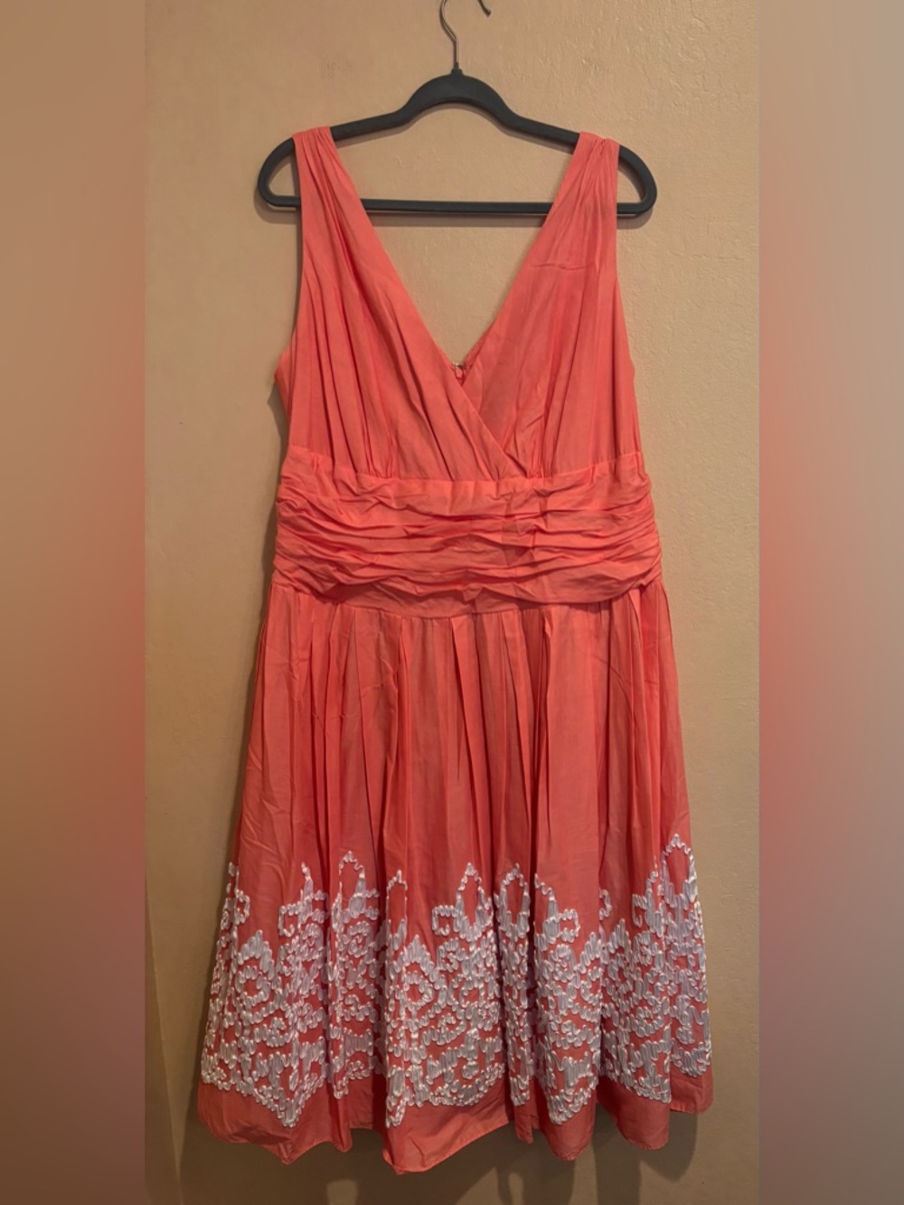 Coral V-neck Midi Formal Dress, w/ White Satin-like Detailing, Size 18W - Picture 2 of 10